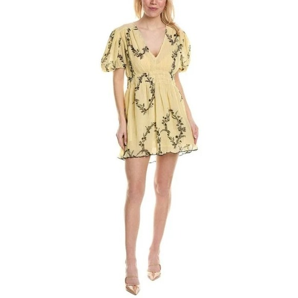 Ganni Womens Floral Print Pleated Georgette Mini Dress Pale Yellow Black Smocked - Picture 3 of 16